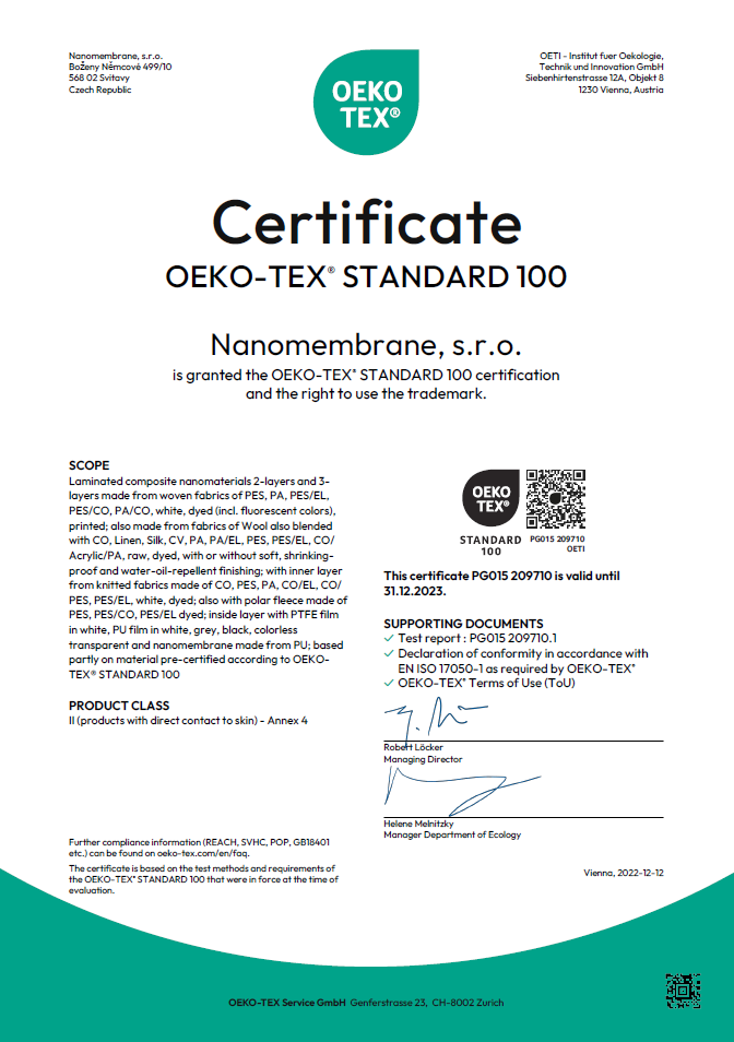 Certifikát OEKO TEX STANDARD 100